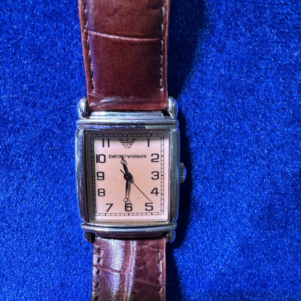 Emporio Armani women’s tank watch with leather band